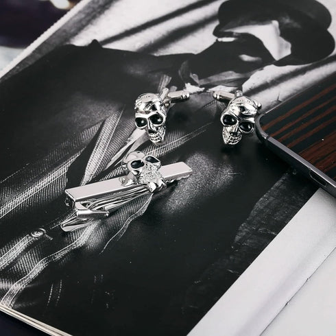Silver Black Men's Cufflinks Stainless Steel Cufflink Set, Skull Tie Clips for Men Unique Wedding Cufflinks Jewelry Gift for Men...