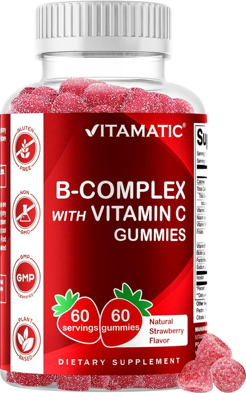 Vitamatic Vitamin B Complex Gummies with Vitamin C & Inositol - Natural Strawberry Flavor - 60 Gummies (1 Bottle)...