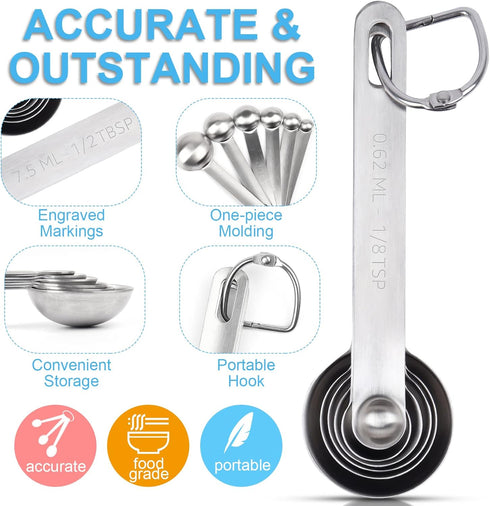 Upgrade Stainless Steel Measuring Spoons Set, Small Tablespoon, Teaspoons, Set 6 with Bonus Leveler, Etched Markings and Removable Clasp for Dry a...
