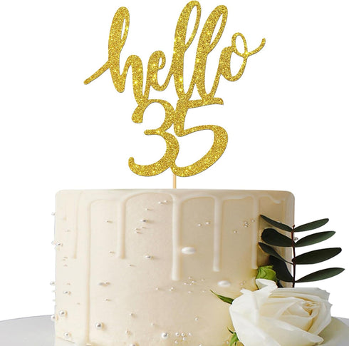 Hello 35 Cake Topper – 35th Birthday / 35th Anniversary Party Cake Decoration, 35th Birthday / 35th Anniversary Party Decorations Supplies (Gold, ...