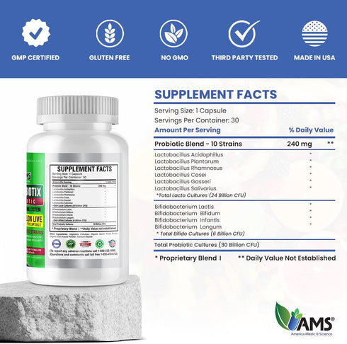 America Medic & Science Florabiotix Probiotic (30 Capsules) | Dietary Supplement for Men and Women| 30 Billion Live Cultures | 10 Probiotic Strain...
