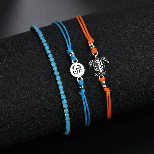 3 Pcs Multilayer Blue Beads Turtle Anklets for Women Men Foot Boho Handmade Adjustable Anklets...