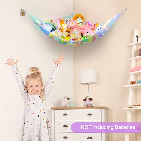 Stuffed Animals Hammock Kids Toy Storage with LED Light Unicorn Castle Plush Toy Organizer Corner Hanging Stuffed Animals Holder For Nursery Kids ...