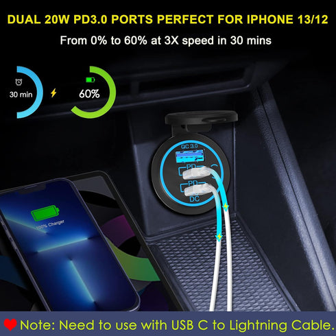 USB C Car Charger Socket – Newest 58W Lengthened RV USB Outlet 12V Socket Dual 20W PD3.0 USB-C and 18W QC3.0 Car USB Port with Button Power Switch...