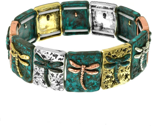 PammyJ Tri-Tone Dragonfly Stretch Bracelet with Patina Finish...