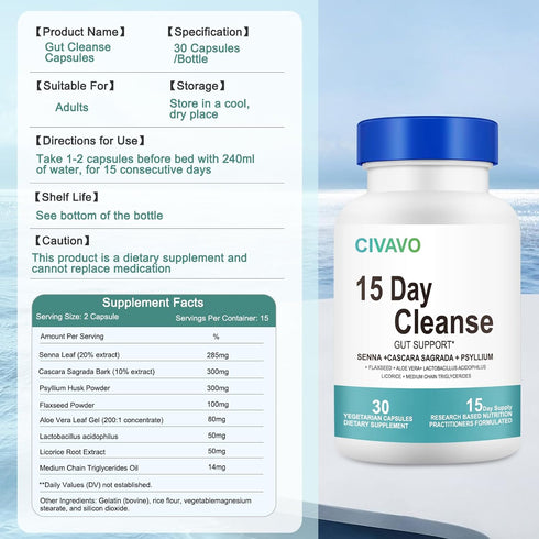 15 Day Gut Cleanse for Women & Men- Gut and Colon Support- Probiotics& Psyllium Husk Cleanse Bowel Dissolving Capsules, Dietary Supplement (30 Cap...