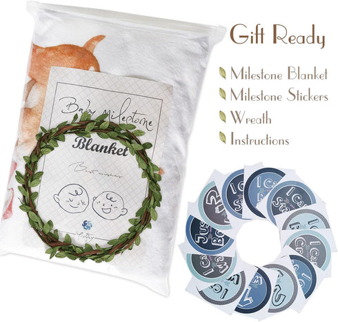 Woodland Baby Monthly Milestone Blanket, Unisex, Gift for Baby Shower, Photo Blanket for Newborn, Wreath & 12 Stickers Included, Soft Flannel Blan...