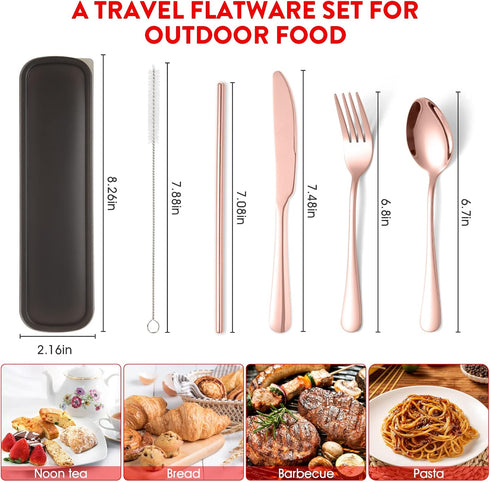 Rose Gold Travel Utensil Set, Stainless Steel Cutlery, Portable Camping Utensils, Set of 6 Reusable Silverware Set, Lunch Utensils Set for Work, I...