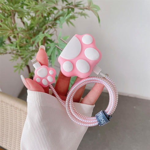 3D Cute Cartoon Charger Protector Case - Compatible for Apple 20W USB-C Power Adapter and Lightning Cable (Pink Cat's Claw)......