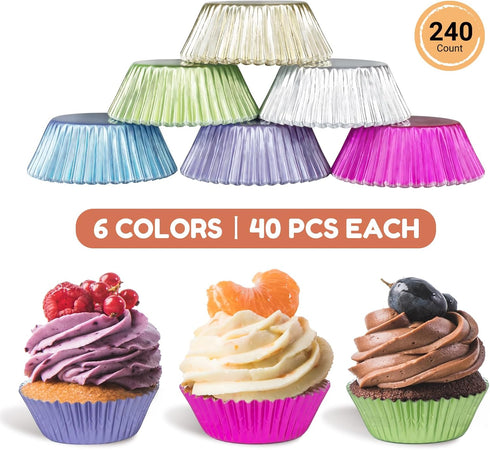 240pcs Metallic Foil Cupcake Liners - Standard Size 2 Inches Paper Muffin Liners, Thick & Sturdy - 6 Colors Baking Cups Cupcake Wrappers, Model BK...