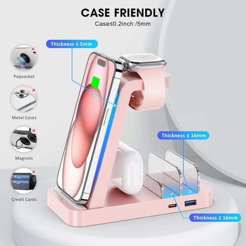 Wireless Charger for iPhone - 5 in 1 Charging Station for Multiple Devices Apple: Fast Wireless Charging Stand Dock for iPhone 15 14 13 12 Pro Max...
