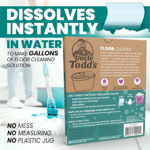 Uncle Todd's Ultra Concentrated Floor Cleaner: 30 Planet-Friendly 100% Dissolvable Sheets, Filth-Fighting Enzymes, Plastic-Free Packaging. Just Dr...