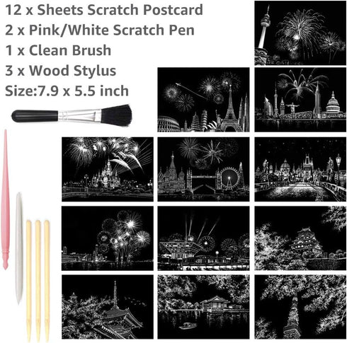 Magic Scratch Art Paper(7.9"x5.5") Rainbow Landscape Engraving Art Mini Scratchboard DIY Pads for Adults and Kids, Crafts Set: 12 Sheets Scratch P...