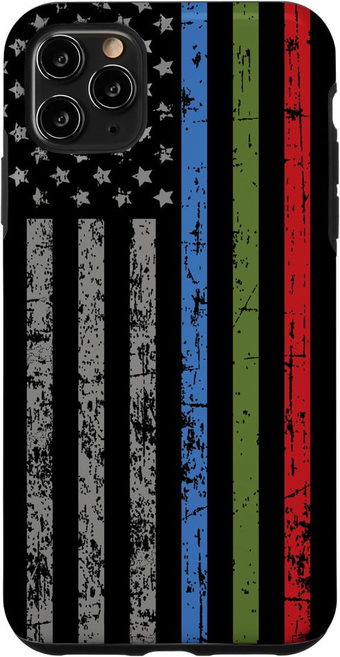 iPhone 11 Pro Max Police Military and Fire Thin Blue Green Red Line Flag Case...