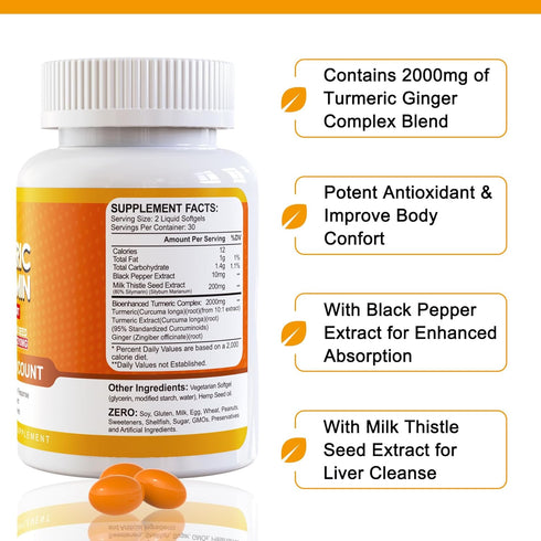 5 in 1 Turmeric Curcumin Softgels 2000mg with Milk Thistle Seed Extract & Black Pepper, Ginger Root - Joint, Immune, Liver Support - 95% Curcumino...
