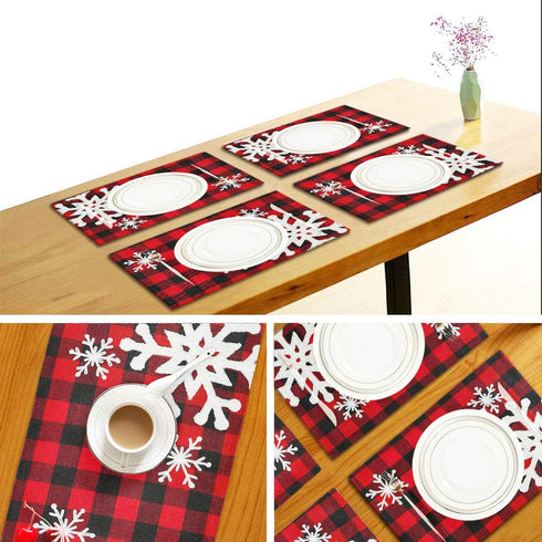 Christmas Red Plaid Snow Snowflake Placemats Set of 6 Table Mat, Red Black Lattice Texture Table mats Placemats Heat-resistant Stain Resistant Was...