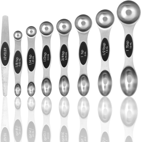 Magnetic Measuring Spoons Set of 8 with Leveler, Stainless Steel Metal Measuring Spoon, Dual Sided for Measuring Dry and Liquid Ingredients, Teasp...