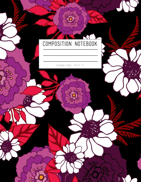 Composition Notebook - College Ruled, 8.5 x 11: Black ,Purple, Red Floral Soft Cover, 110 Pages (One Subject Notebook)...
