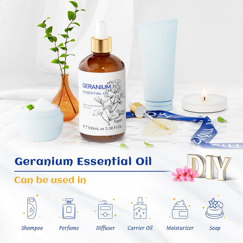 HIQILI 100ML Geranium Essential Oil for Skin, Diffuser & Candle, 100% Pure and Natural - 3.38 Fl. Oz...