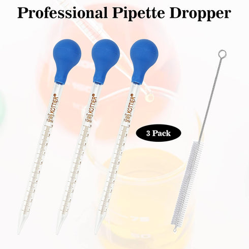 3Pcs Glass Pipettes Dropper, 10ml Graduated Liquid Dropper with Rubber Bulb and Cleaning Brush, Transfer Pipettes for Essential Oil...