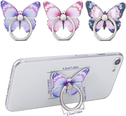 Cobee 3 Pcs Butterfly Cell Phone Ring Stand Holder, Cute Butterfly Pattern Painted Metal Finger Stand Kickstand 360°Rotation Phone Ring Holder Sta...