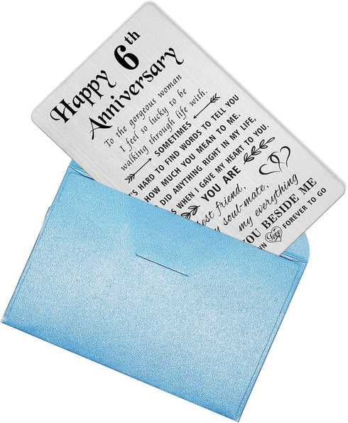TANWIH 6th Anniversary Card for Wife - 6 Years Down Forever to Go - 6 Year Iron Wedding Anniversary Card Gifts for Her Women, Engraved Metal Walle...