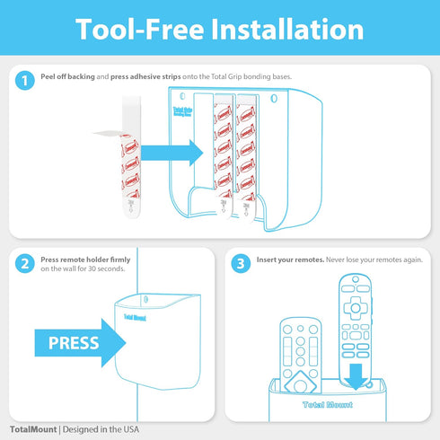 TotalMount Hole-Free Remote Holder – Eliminates Need to Drill Holes in Your Wall (for 2 or 3 Remote Controls – White – Quantity 1)...