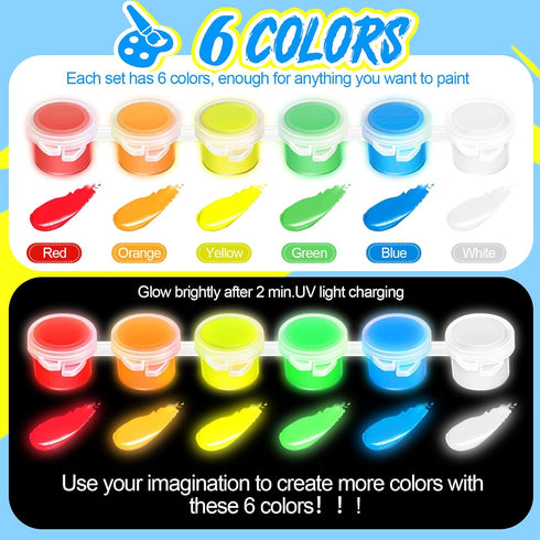 Fulmoon 6 Set Glow in The Dark Paint with Paint Brushes Black Light Neon Face Body Paint UV Acrylic Paint Set for Kids Halloween Christmas Paintin...