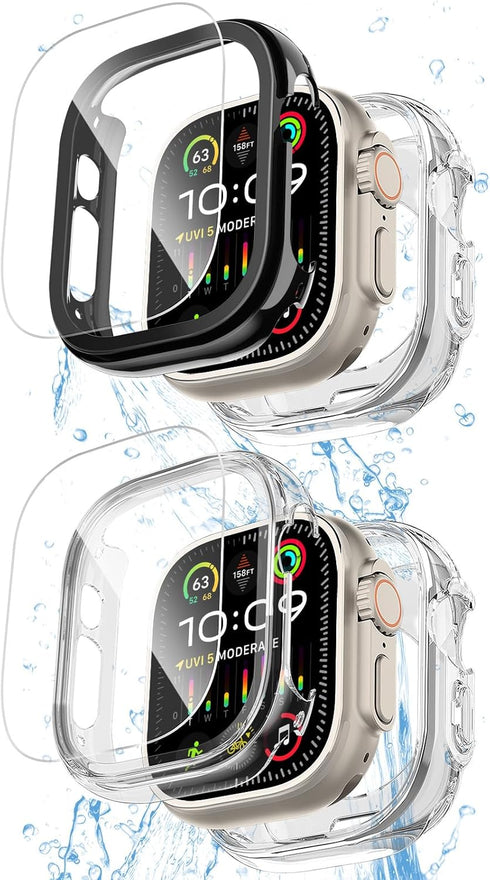 COOLQO 2 Pack Waterproof 2 in 1 Case Compatible for Apple Watch Ultra 2/Ultra 49mm, 9H Tempered Glass Screen Protector, Full Body Protective Cover...