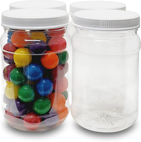 ljdeals 32 oz Clear Plastic Jars with Lids, Storage Containers, Wide Mouth, PET Mason Jars, Food Safe, BPA Free, Pack of 4, Made in USA...
