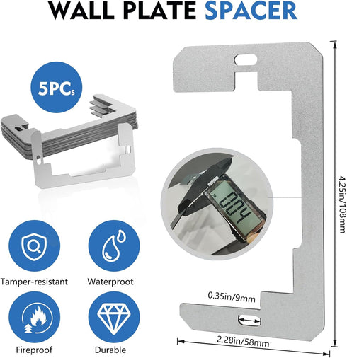 Wall Plate Spacer, 5 Pack Metal Flush Fit Device Level Plate For Wall Outlet Repair and Loose Electrical Outlet Plug Fix, Outlet Spacers Extender ...