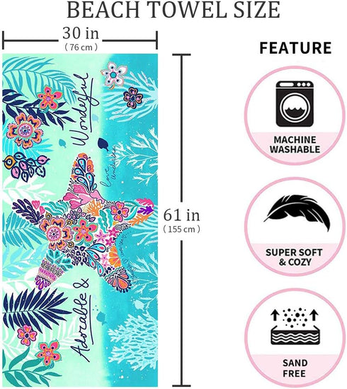 Beach Towel Microfiber Beach Towels Sand Free Quick Dry Lightweight Travel Towels Oversized Large Quick Cute Starfish Design 30×60 inch Beach Towe...