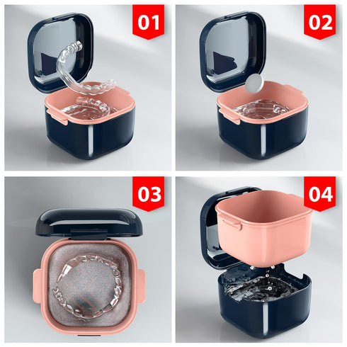 Denture Bath Box Cup,Denture Bath Case with Strainer Basket,Orthodontic Retainer box,Retainer Cleaning Box,Soak Cup Fixed box?With braces chewable...