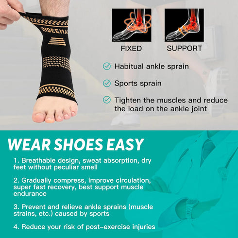 INDEEMAX Copper Ankle Brace for Men and Women 2 Pairs, Ankle Compression Sleeve Ankle Support Brace for Sprained Ankle, Plantar Fasciitis, Running...