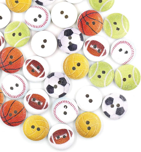 100 Pieces 3/4inch Ball Sports Painting Round Wood Buttons Football Baseball Soccer Volleyball Tennis 2 Holes Sewing Wooden Flatback Buttons for K...
