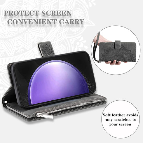 Phone Case for Samsung Galaxy S23 FE 5G Wallet Cover With Tempered Glass Screen Protector and Wrist Strap Mandala Flower Flip Zipper Credit Card H...