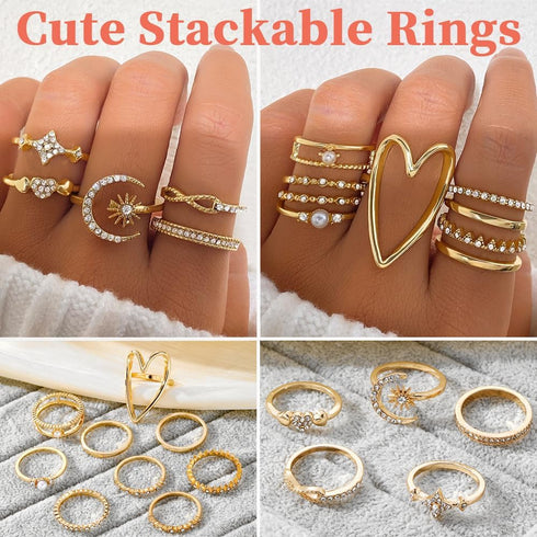 50 PCS Gold Jewelry Set for Women, Dainty Dangle Earrings, Stackable Ring, Multi-Layered Bracelet Necklace Valentine Anniversary Fashion Party Jew...