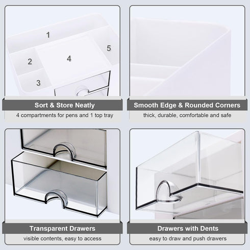 Plastic Pen Organizer, Multifunctional Desk Organizer with 2 Drawers, 4 Compartments & a Top Tray, Pencil Holder Desktop Organizers and Accessorie...