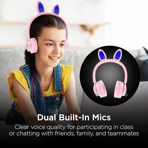 HyperGear Bunny Ears Bluetooth Wireless Headphones - Kids Portable/Foldable LED Light Up Over Ear Headset w/Built-in Mic & Controls for iPhone, iP...
