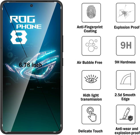 2 Pack Compatible with Asus ROG Phone 8 Pro 5G/ROG Phone 8 Screen Protector,Full Coverage 9H Tempered Glass Film,HD Clear Scratch Resistant,Bubble...