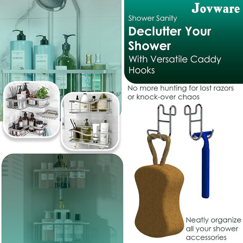 Shower Caddy Shelf Basket Rack Hooks Stainless Steel Metal Bathroom Hangers Hanging for Loofah Robe Massage Towel Squeegee Sponge Razor 2 Pack...