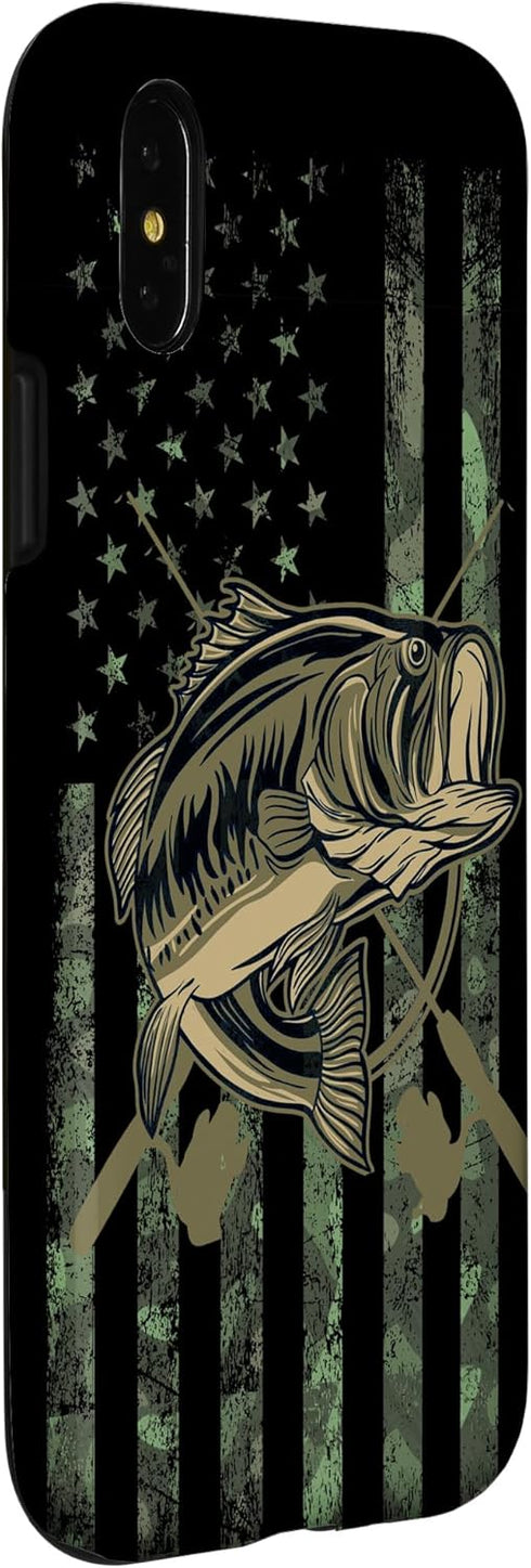 Camo American Flag Bass Fishing Gift Love Fishing Fisherman Case for iPhone X/XS...