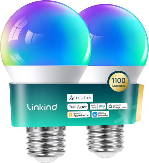 Linkind Matter Smart RGBTW Bulb,1100LM 75W Smart Light Bulbs, Work with Alexa/Apple Home/Google Home/SmartThings, LED Color Changing Bulbs Music S...