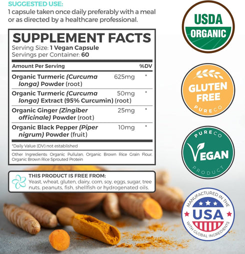 USDA Organic Turmeric Curcumin with Black Pepper and Ginger (2 Month Supply) Joint Support Supplement with Tumeric and Ginger Root Powder - Organi...