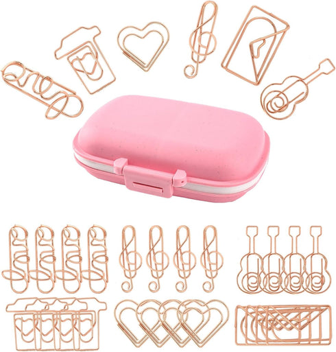 Framendino, 30 Pack Rose Gold Cute Assorted Sizes Shapes Small Paper Clips Index Card Binder Clip with Fun Storage Box for School Office Home Wedd...