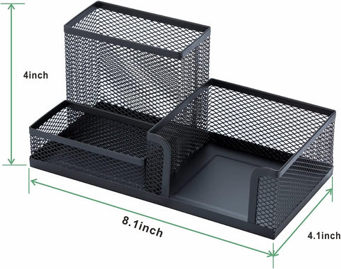 2 Pack Black Pen Holder - Mesh Desk Organizer Office Supplies Caddy with Sticky Notes Holder, 3 Compartments 4 Non-slip Mats Easy Storage Suitable...