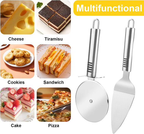 2 PCS Pie Server Pizza Cutter Wheel with Sharp Blade Stainless Steel Pizza Spatula Pie Cutter and Server Set with Comfortable Handle for Cake, Pie...