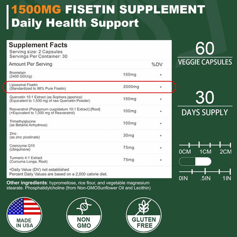 Liposomal Fisetin Supplement, 2000MG, 98% Pure Fisetin Polyphenols Antioxidants, with Quercetin, TMG and Resveratrol, for Healthy Aging, Cognitive...