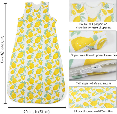 Baby Wearable Blanket, Cotton Sleep Sack 1.5 Tog, Swaddle Transition Sleeping Bag Unisex - Lemon-3-20 Months...