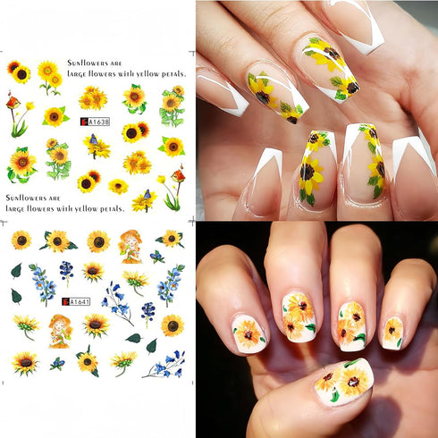 Flower Nail Art Stickers Decals Spring Summer Floral Nail Art Supplies Water Transfer Sunflower Bee Butterfly Design Yellow Flowers Nail Accessori...